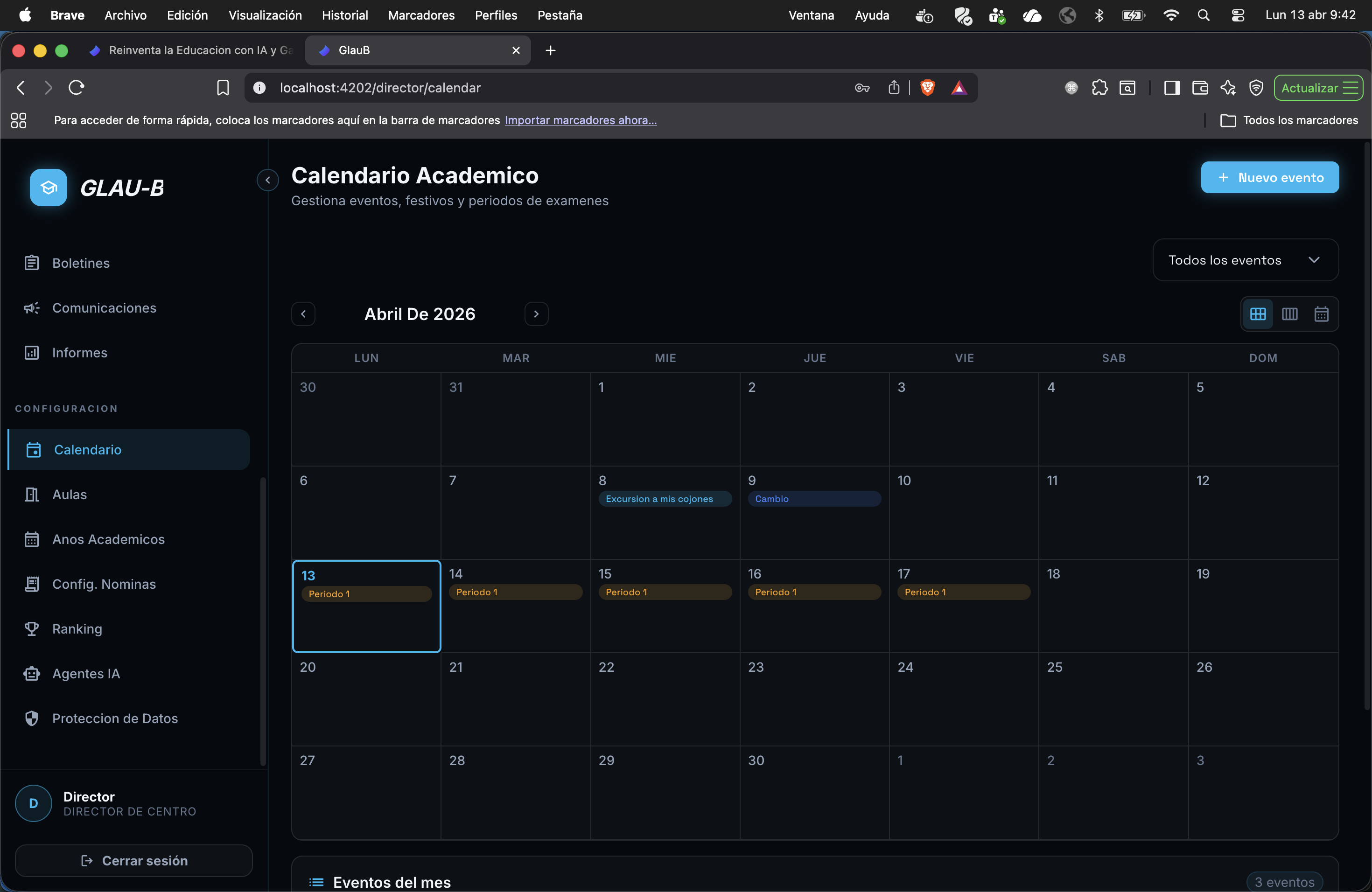 Calendario Academico en tablet
